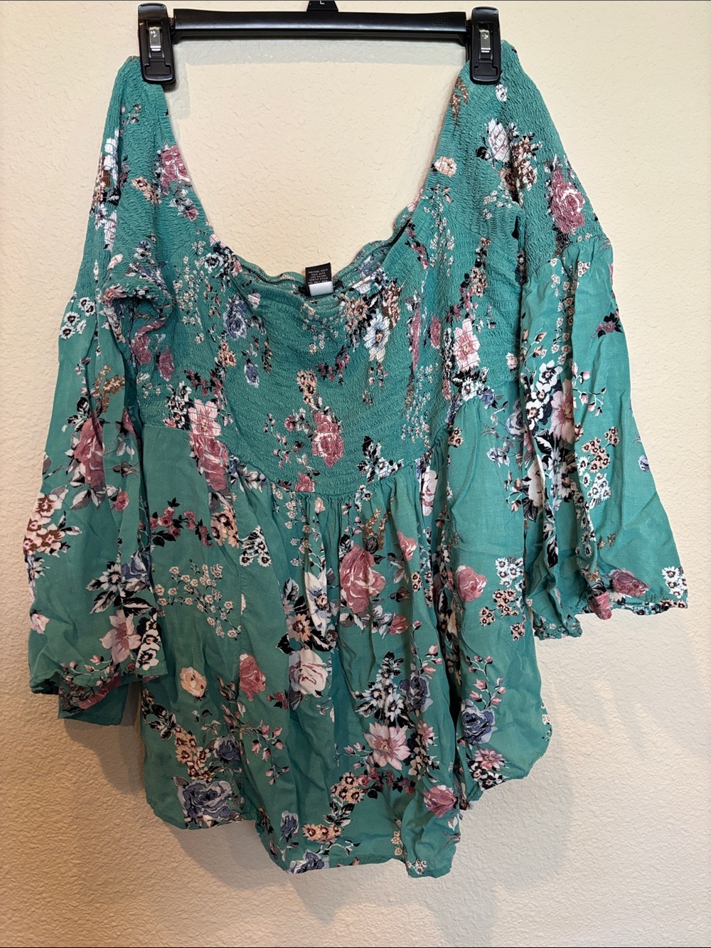 Torrid 2X Floral Smocked Peasant Top in Teal